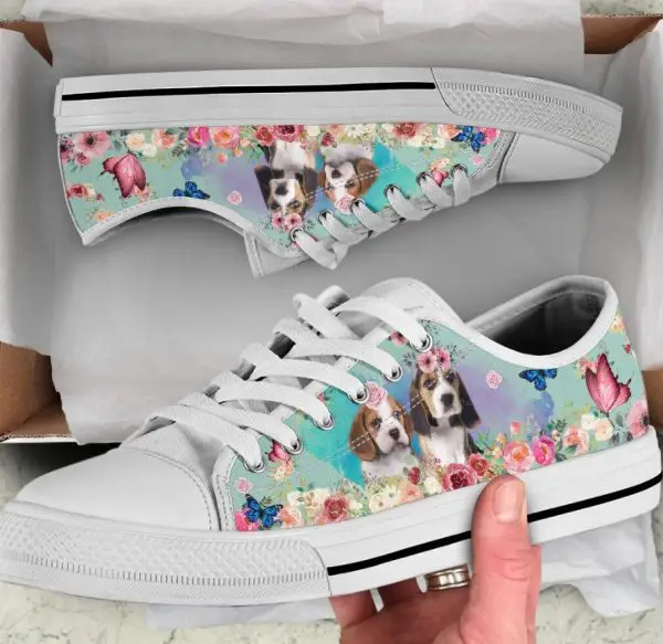 Flower Beagle Shoes - Beagle Low Top Canvas Shoes