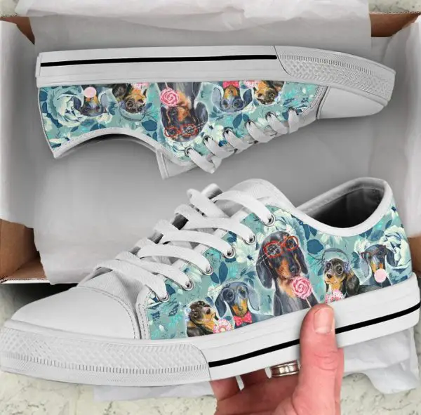 Flower Dachshund Shoes - Dachshund Low Top Canvas Shoes