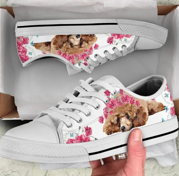 Flower Poodle Shoes - Poodle Low Top Canvas Shoes