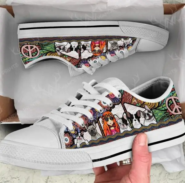 Hippie Girl and French Bulldog Shoes - French Bulldog Low Top Canvas Shoes