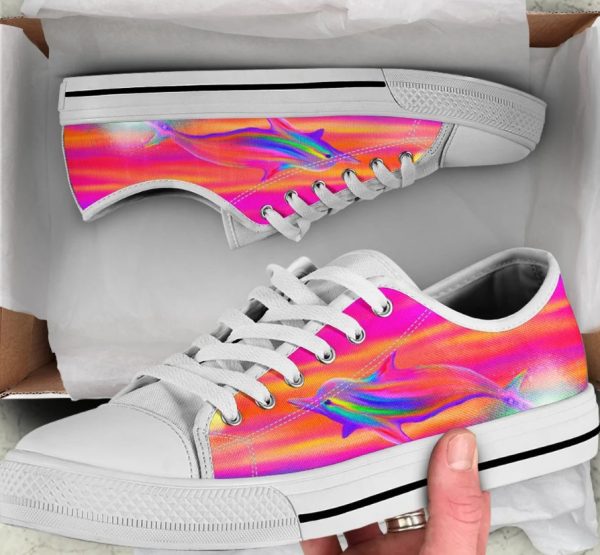 Rainbow Colorful Dolphin Shoes - Dolphin Low Top Canvas Shoes