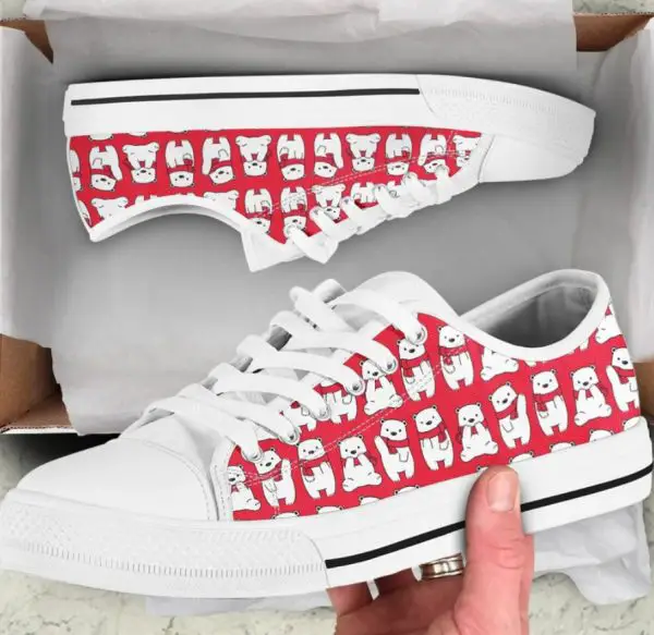 Red Cute Polar Bear Shoes - Polar Bear Low Top Canvas Shoes