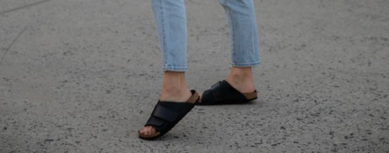 Slides with straight leg jeans